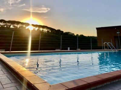 Pool at sunset with a view of trees.